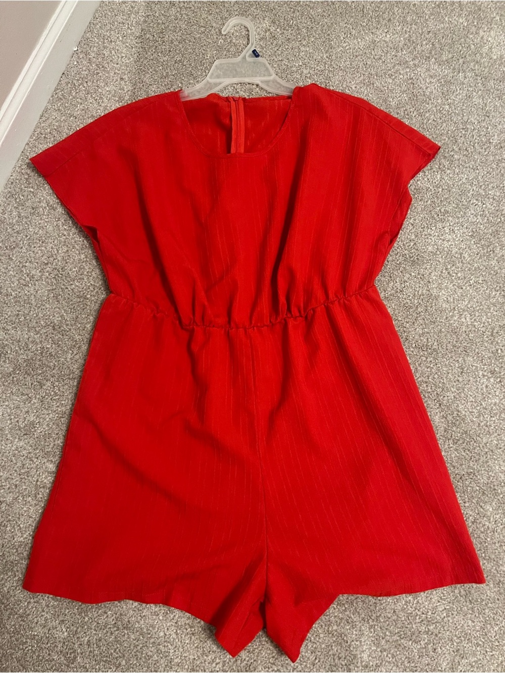 Red Short Sleeve Elastic Waist Romper